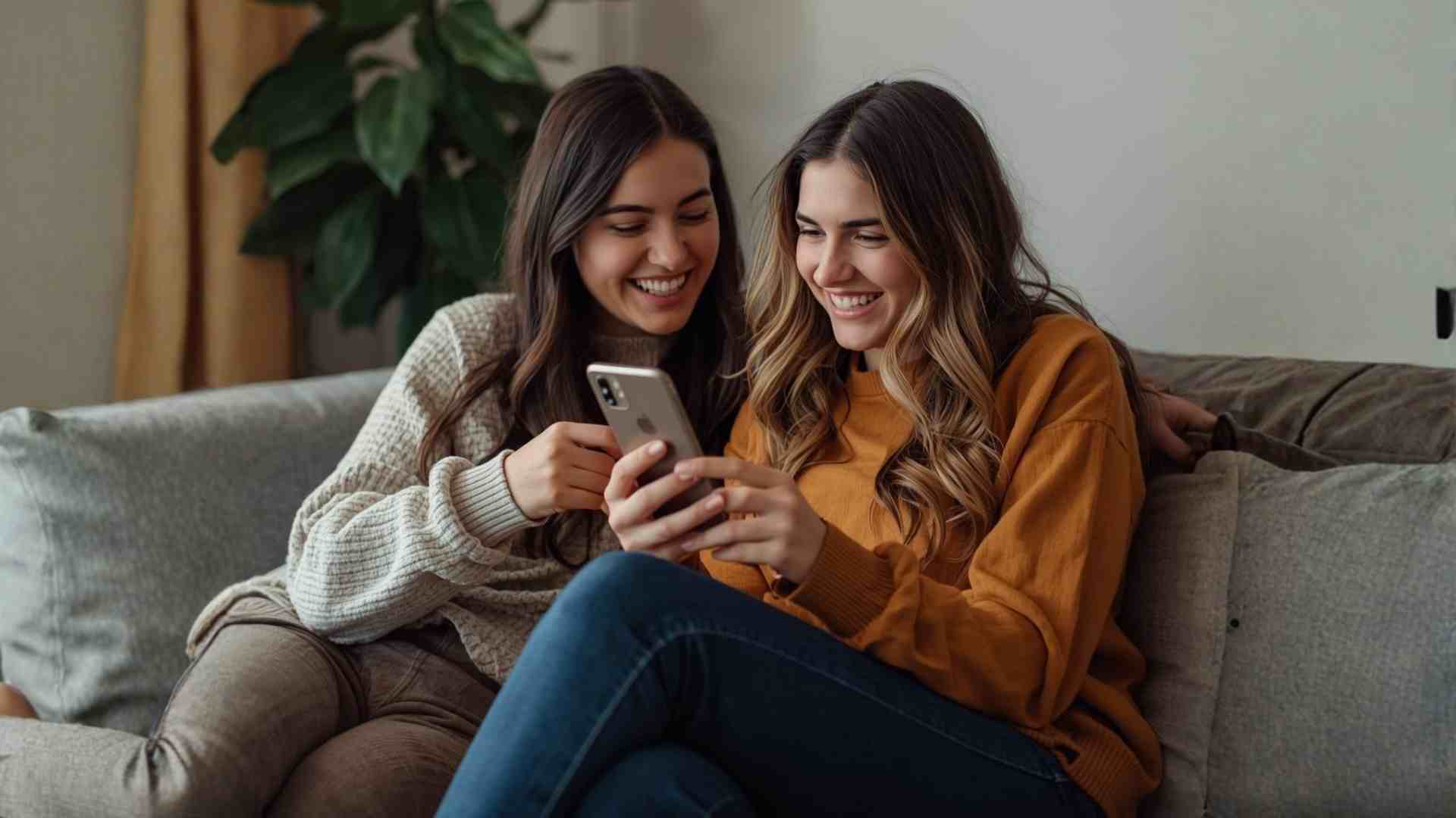 two people watching the phone and laughing hard together